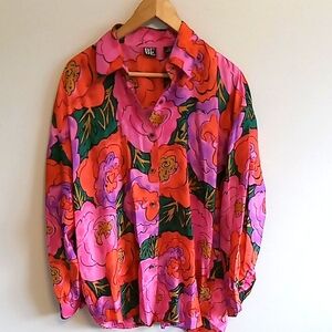 Vintage 100% Silk Blouse Bold Floral Print Size Large